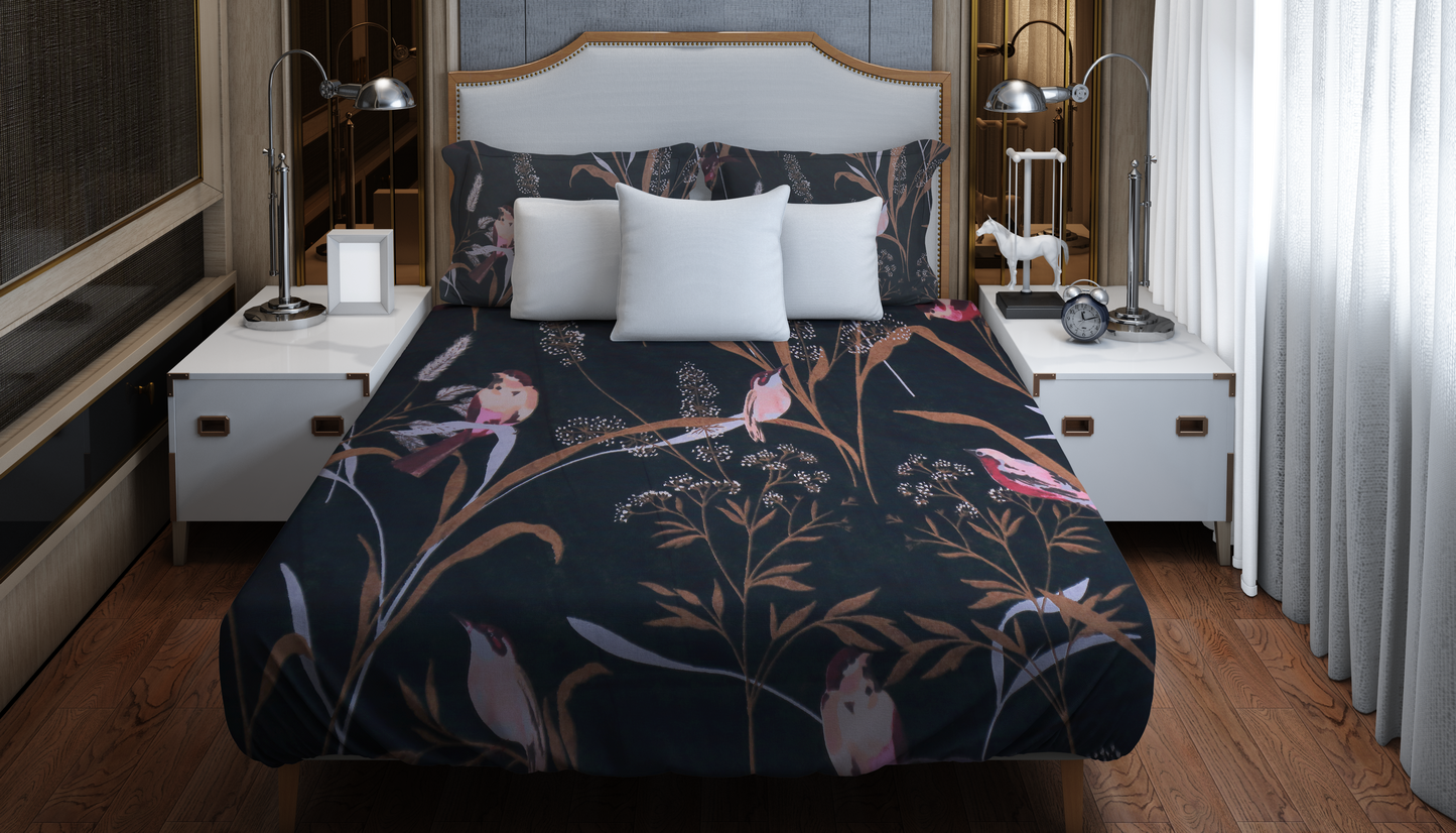 Midnight Serenity – Luxury Bird & Floral Printed Bedding Set