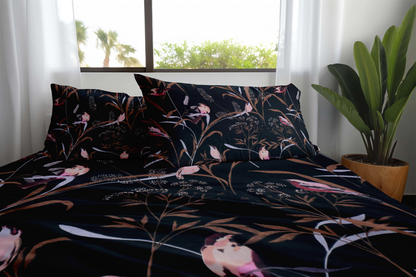 Midnight Serenity – Luxury Bird & Floral Printed Bedding Set