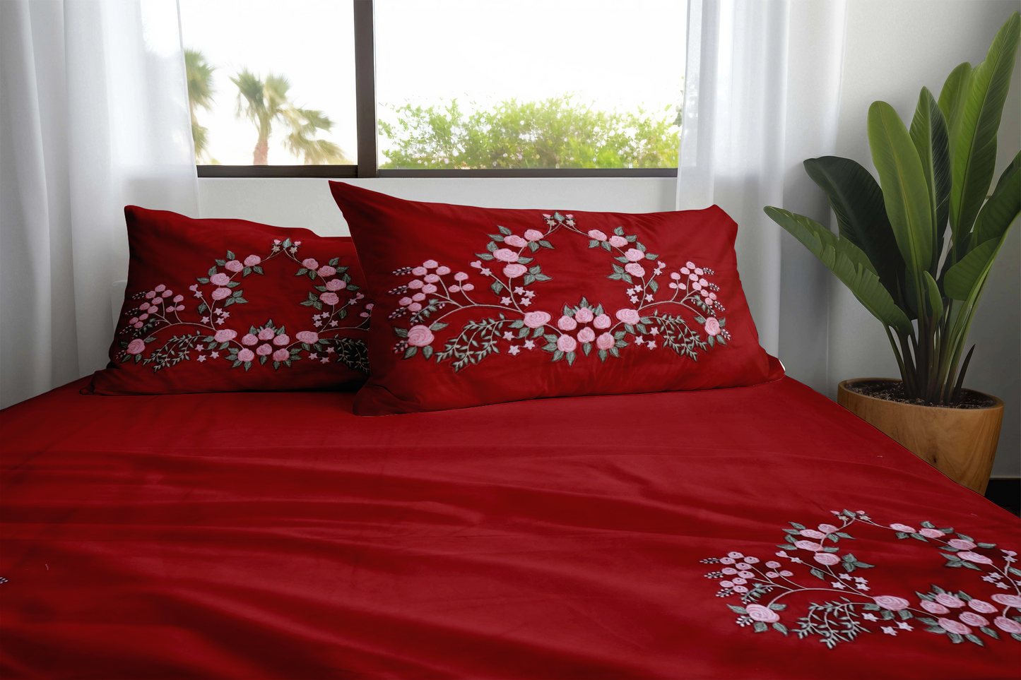 Scarlet Elegance Embroidered Bedding Set