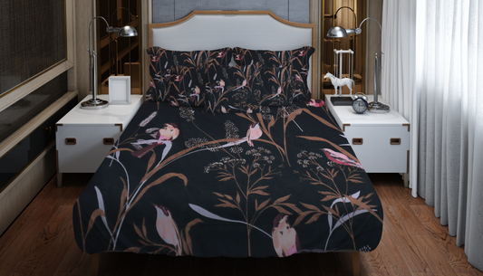 Midnight Serenity – Luxury Bird & Floral Printed Bedding Set